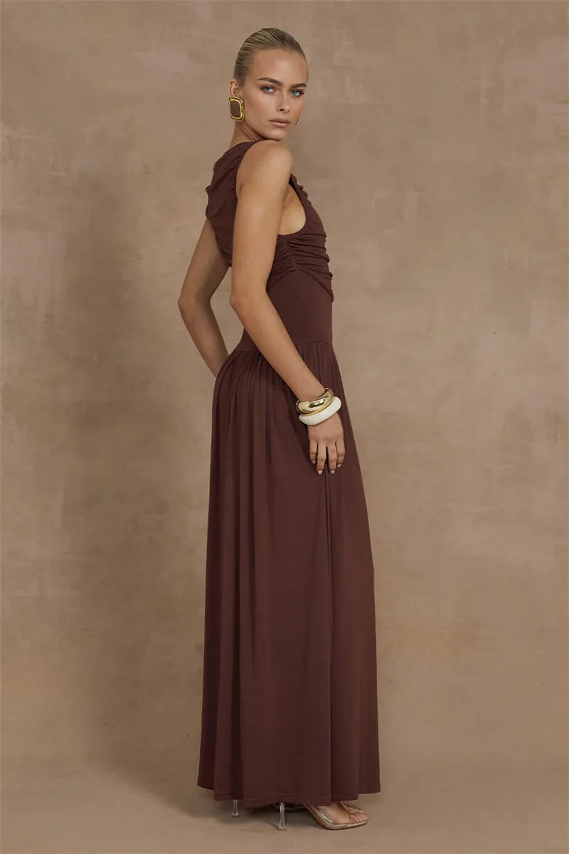 Mozision Elegante Sem Mangas Maxi Vestido Para As Mulheres Moda Sólida Barco Pescoço Tanque Vestidos Senhoras Sexy Ruched Vestido Longo Novo Vestido