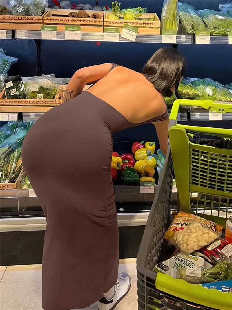 Coreano Sólido Sexy Backless Maxi Vestido Mulheres Elegante Elástico Slim Manga Curta Vestidos Longos Feminino Bodycon Streetwear Roupas