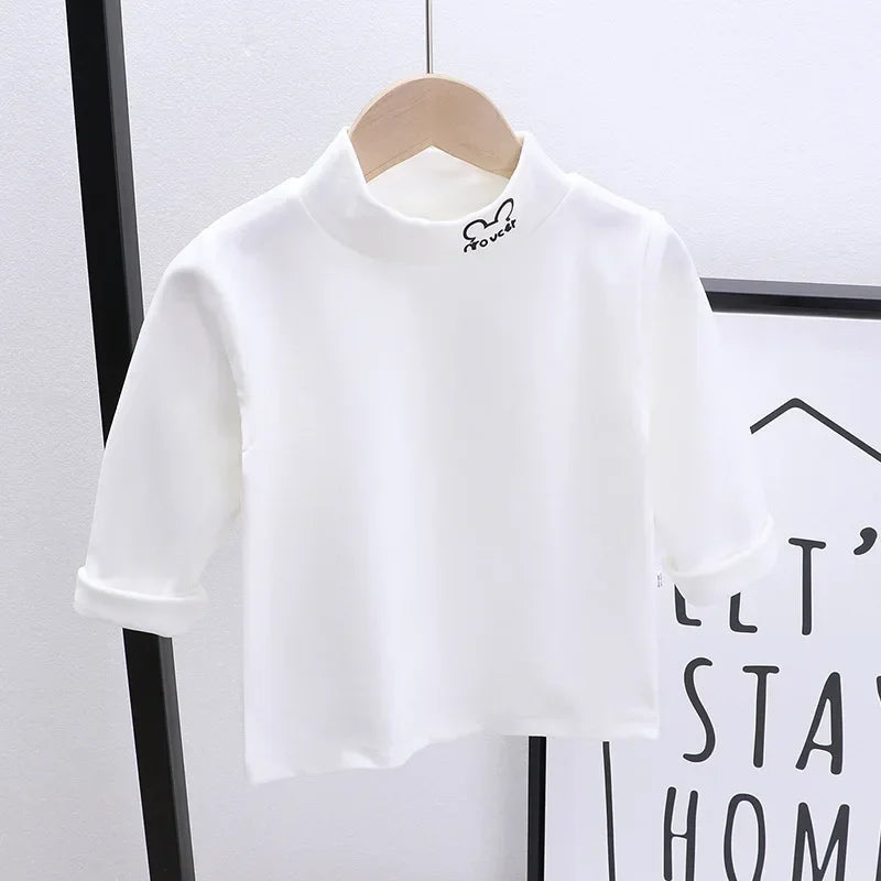 Outono Inverno Crianças Crianças Meninos Meninas T-shirts Tops Gola Alta Sólida Manga Comprida Quente Velo Bottoming Camisas Tees para Crianças