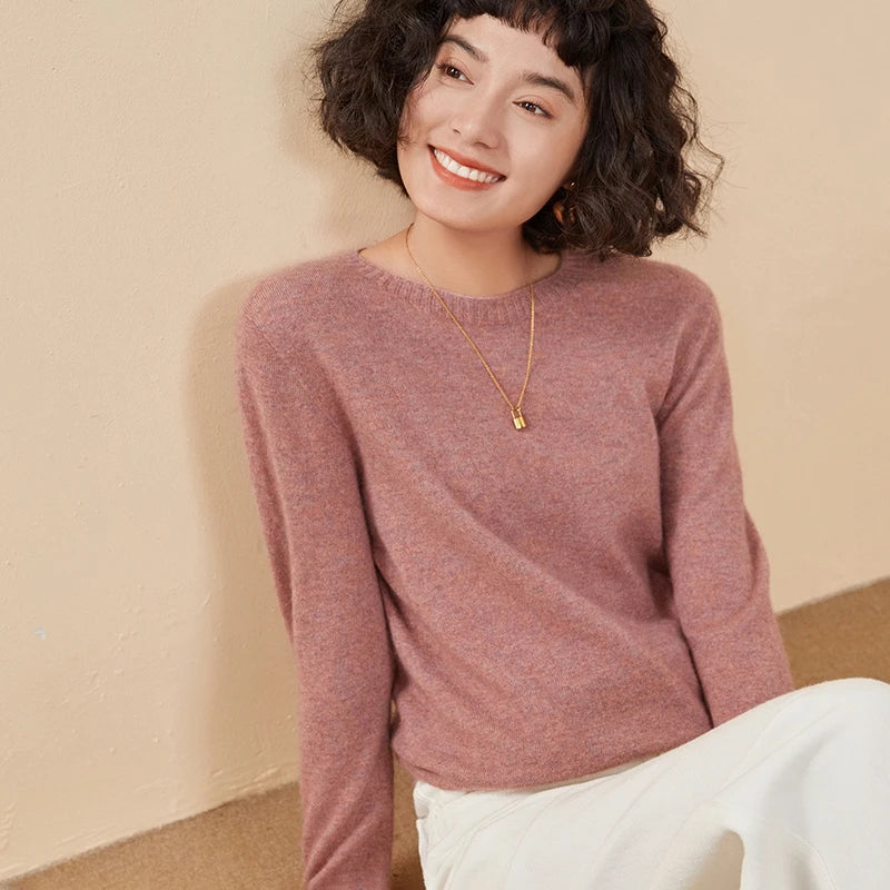 Pulôver feminino outono/inverno 100% puro suéter de caxemira casual suéter de malha gola redonda solto Tops básico versátil Blusa