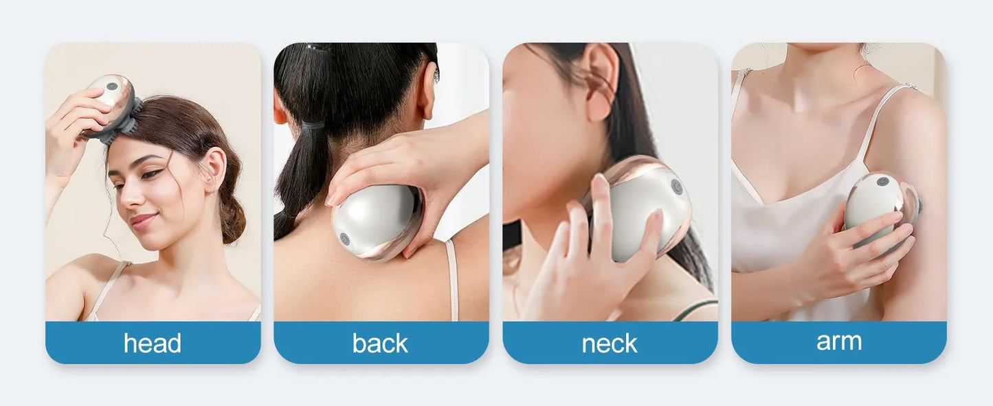 Massageador de Couro Cabeludo Elétrico Portátil à Mão, Raspa-Cabeça para Massagem Corporal Completa, Limpeza Profunda e Relaxamento do Estresse.