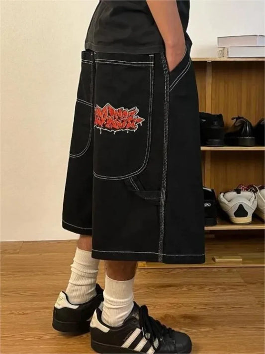 HOUZHOU Y2k Vintage Baggy Jeans Shorts Mulher Streetwear Jorts Coreano Harajuku Gótico Oversized Denim Calças Bordado Verão