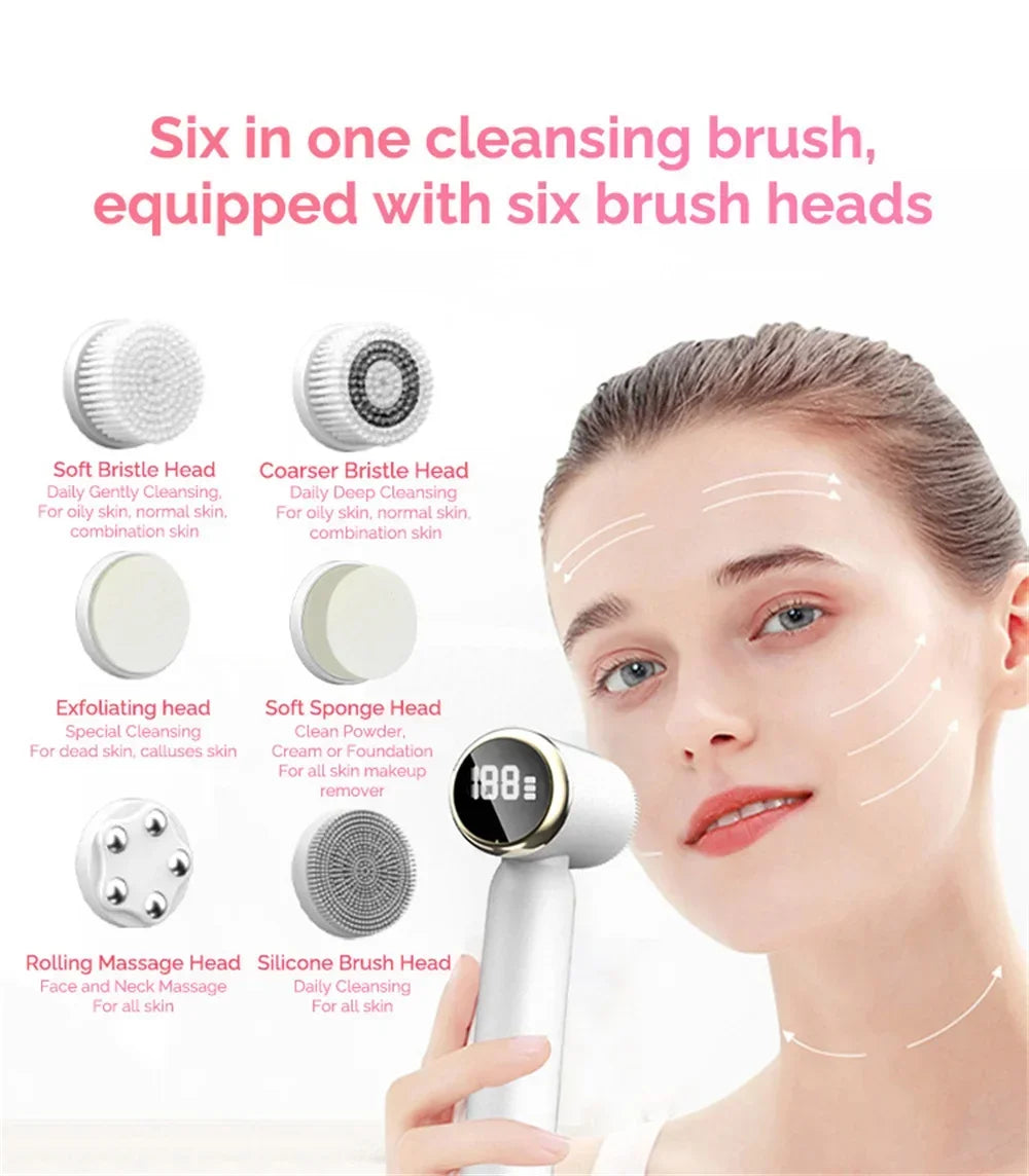 Dispositivo de Limpeza Facial Elétrico LED 6 em 1, Escova de Lavagem Facial, Escova de Limpeza Facial, Mini Hifu, Cuidados com a Pele, Carregador USB