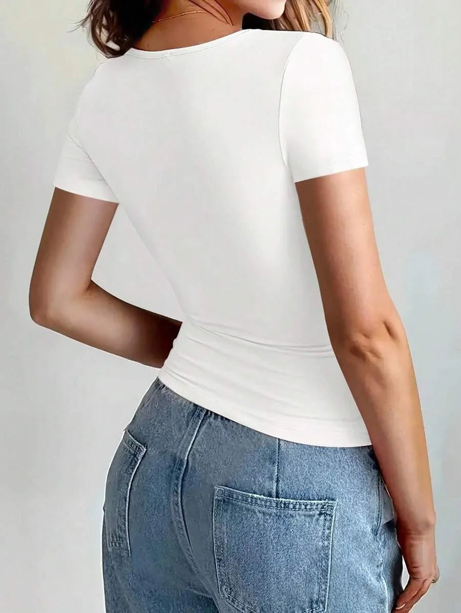 Camisetas Femininas Básicas Decote Redondo Manga Curta Tops Curtos Tops Fofos de Verão Camisetas Slim Fit Y2k Roupas 2024