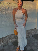 Elegante Plissado Halter Vestidos Longos Mulheres Retro Sexy Slim Sem Mangas Sem Encosto Vestido de Praia Feminino Chic Party Holiday Vestidos