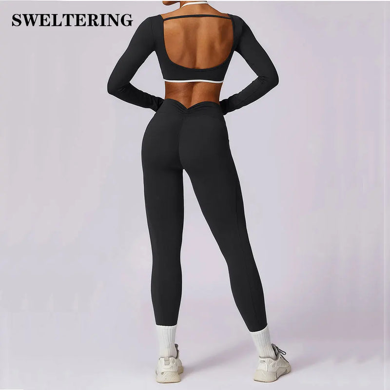 2 Peças Mulheres Treino Conjunto de Ioga Treino Sportswear Roupas de Ginástica Fitness Manga Comprida Crop Top Leggings de Cintura Alta Ternos Esportivos