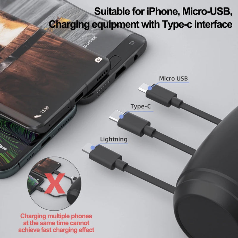 Carregador de apoio de cabeça retrátil para trás multi USB-C rápido para Android, Apple para iPhone, Samsung, acessório para notebook