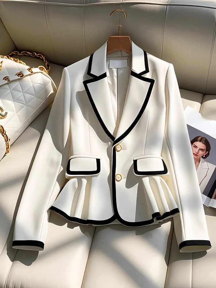Blazers Elegantes Franceses Gola Entalhada Manga Comprida Babados Contraste Cor Casacos Primavera Outono Feminino Slim Design Roupas Femininas