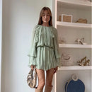 Mulheres elegantes verde irregular babados soltos mini vestido moda o pescoço manga cheia vestidos curtos primavera verão chique vestidos de senhora
