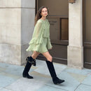 Mulheres elegantes verde irregular babados soltos mini vestido moda o pescoço manga cheia vestidos curtos primavera verão chique vestidos de senhora