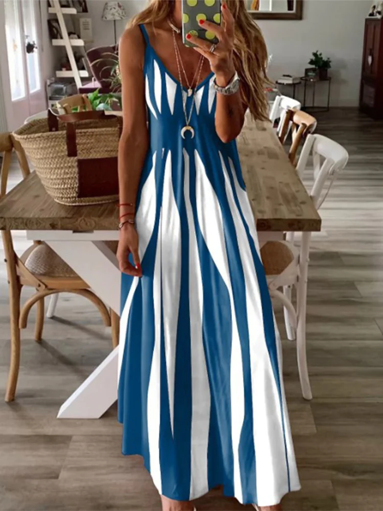 Sexy Vestido Sem Mangas Mulheres Preto Branco Listrado Impresso Vestidos Longos Verão Casual Férias Vestido de Festa Robe