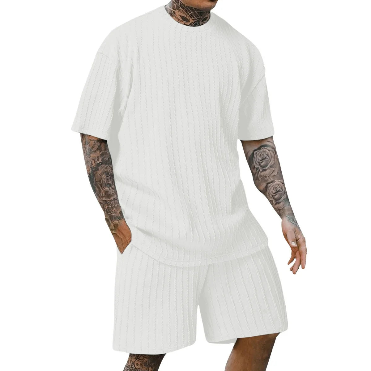 Nova moda masculina esportes de verão cor sólida gola vertical listra T-shirt shorts terno de manga curta
