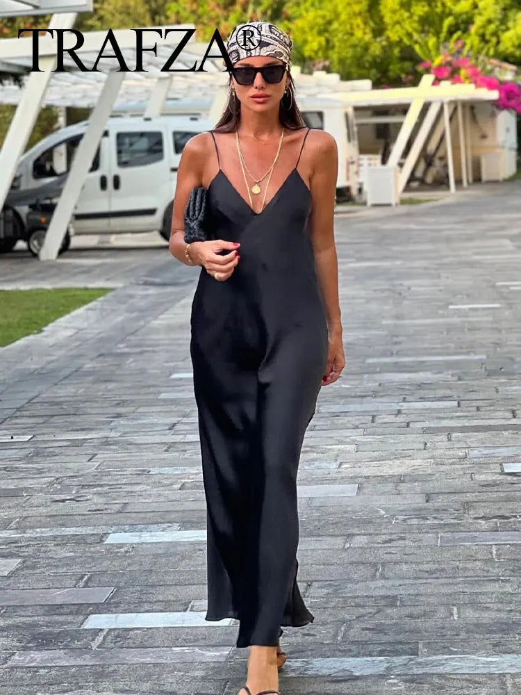 TRAFZA 2024 Mulheres Vestido de Verão Cetim Sem Mangas Sem Encosto Decote Em V Feminino Vestidos Longos Chic Sexy Party Vintage Mulher Vestido de Noite