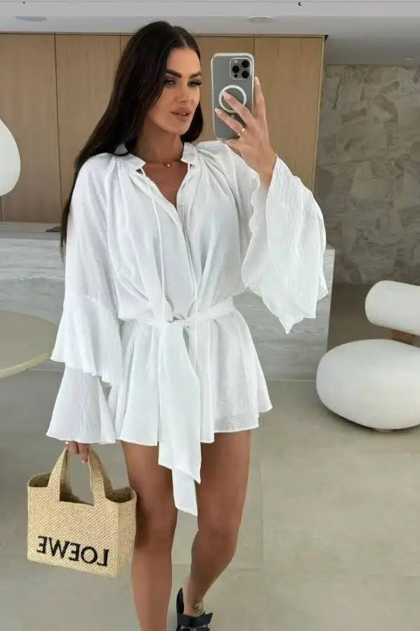 Elegante Plissado Vestido Curto Mulheres Solto Lace Up Manga Longa Flare V Neck Vestidos Feminino 2025 Primavera Oco Out Praia Robe Senhora