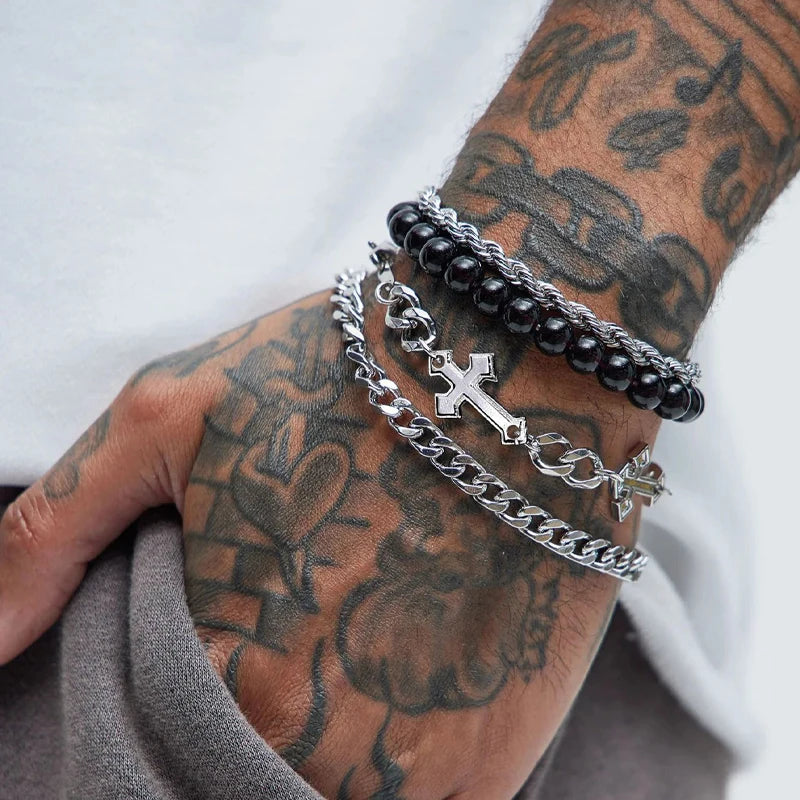 Conjunto de 4 Pcs Pulseira de Aço Inoxidável Para Homens Mulheres Punk Moda Cross Beads Pulseiras de Corrente Simples Hip Hop Unissex Jóias Presente Novo