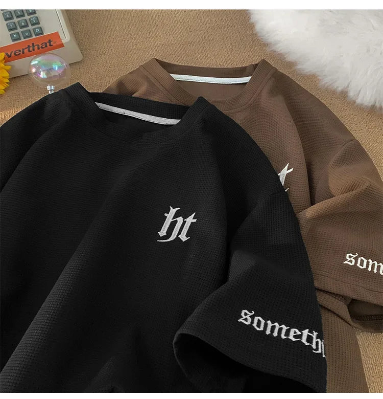Hefty Walfr Checks Estilo Japonês Ins Camiseta de Manga Curta para Homens Primavera Verão Juventude Oversize Gola Redonda Meia Manga