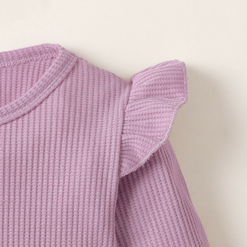 1-5 anos Kids Girl Conjunto de roupas de manga comprida Camisa com nervuras de cor sólida + calças florais + faixa de cabeça Outono 3PCS Outfit para menina da criança