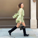 Mulheres elegantes verde irregular babados soltos mini vestido moda o pescoço manga cheia vestidos curtos primavera verão chique vestidos de senhora