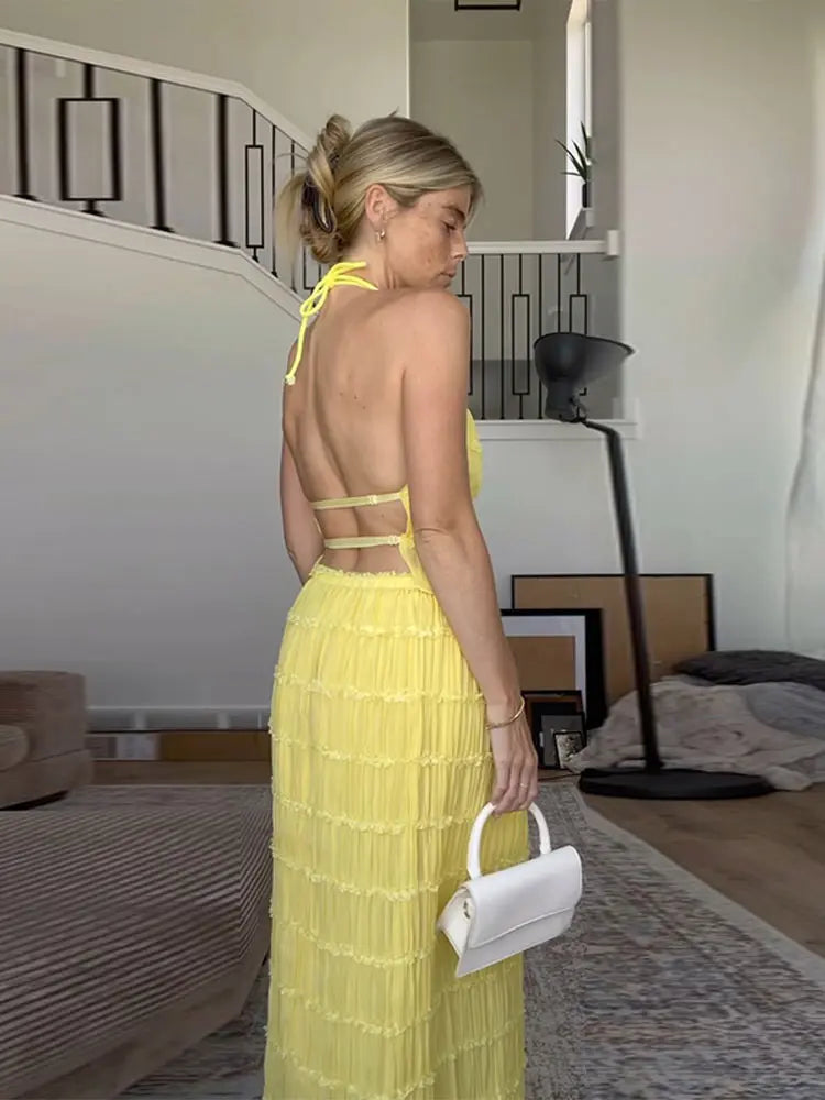 Elegante Plissado Halter Vestidos Longos Mulheres Retro Sexy Slim Sem Mangas Sem Encosto Vestido de Praia Feminino Chic Party Holiday Vestidos