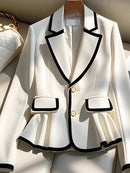 Blazers Elegantes Franceses Gola Entalhada Manga Comprida Babados Contraste Cor Casacos Primavera Outono Feminino Slim Design Roupas Femininas