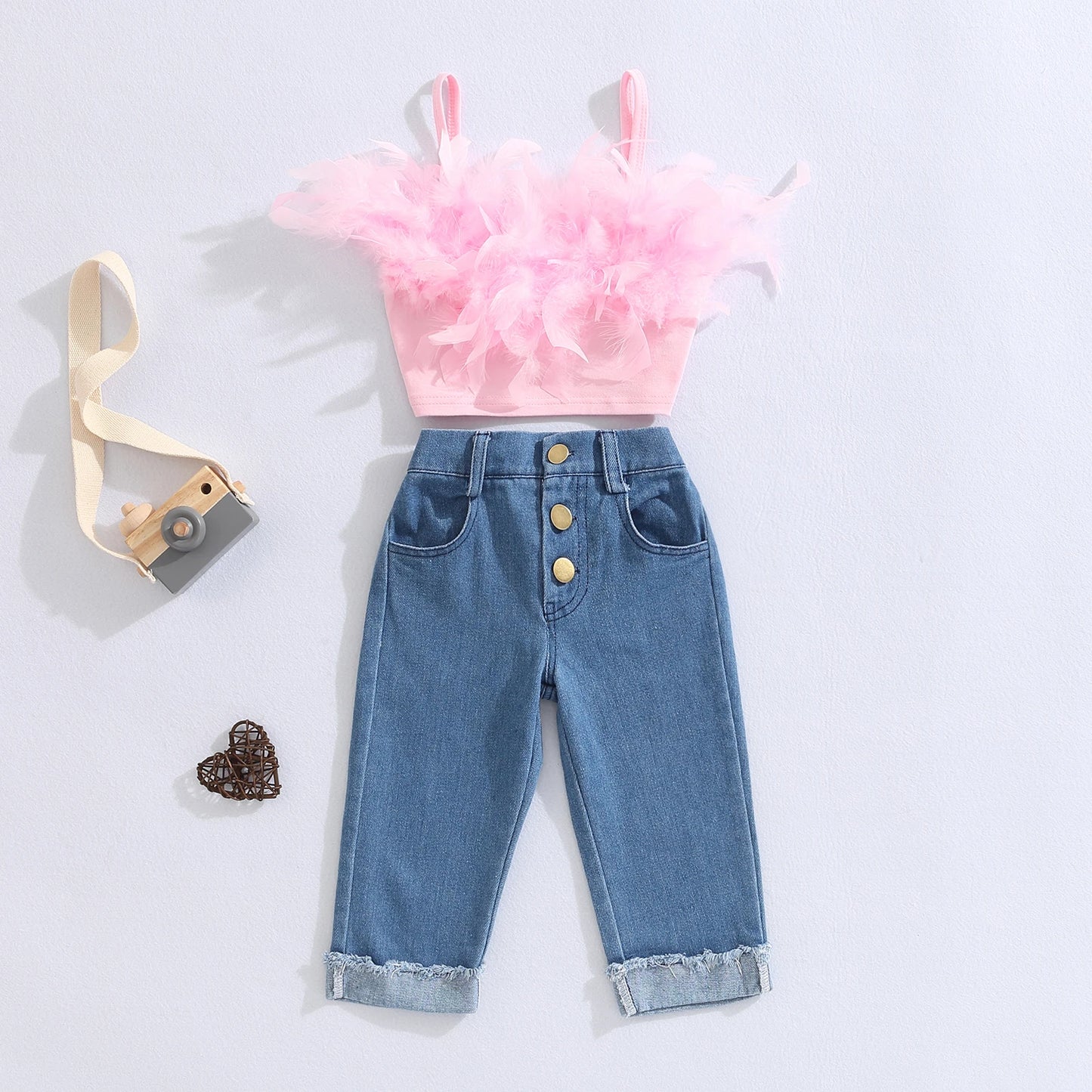 Conjuntos de roupas de verão para meninas Moda Kid Crianças Rosa Sem Mangas Camisola de Penas + Calças Jeans com Bolsos