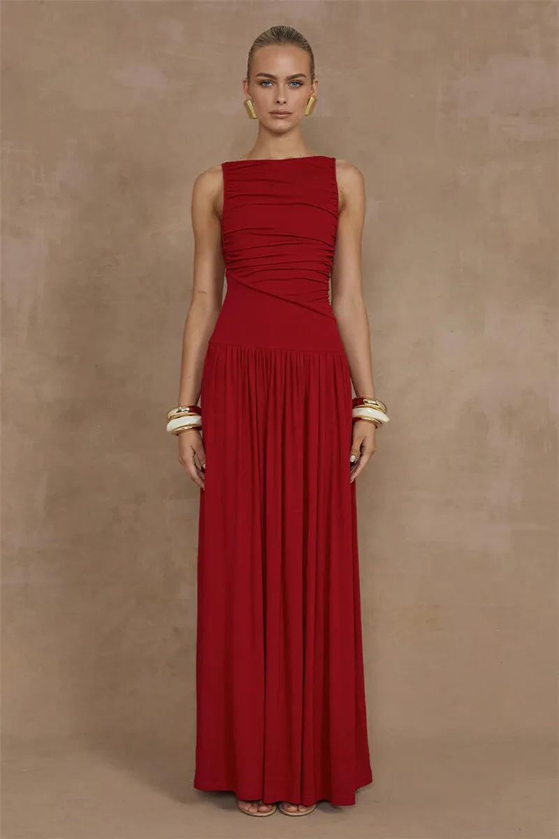 Mozision Elegante Sem Mangas Maxi Vestido Para As Mulheres Moda Sólida Barco Pescoço Tanque Vestidos Senhoras Sexy Ruched Vestido Longo Novo Vestido