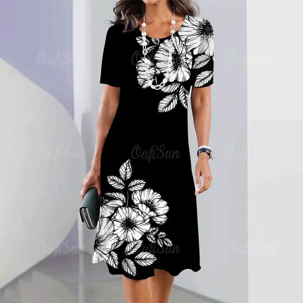 Moda Listrada Mulher Roupas Vestidos Simplicidade Imprimir Manga Curta Vestido Feminino Elegante Preto Feminino Vestido Longo Pulôver 2024