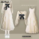 Primavera Outono Novas Suéteres de Malha Femininas Duas Peças 2025 Coreano Elegante Arco Cardigan Strap Saia Conjunto Correspondente Roupas Femininas