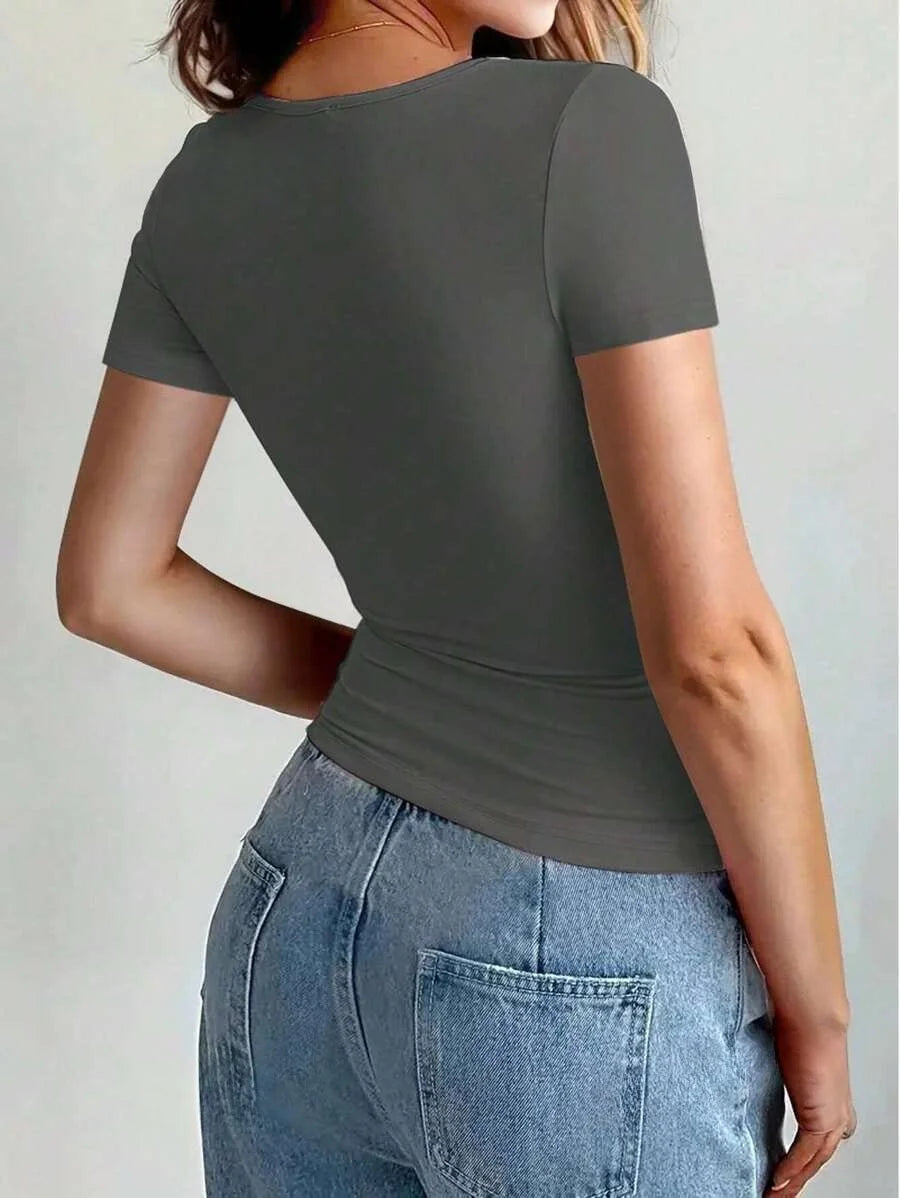 Camisetas Femininas Básicas Decote Redondo Manga Curta Tops Curtos Tops Fofos de Verão Camisetas Slim Fit Y2k Roupas 2024