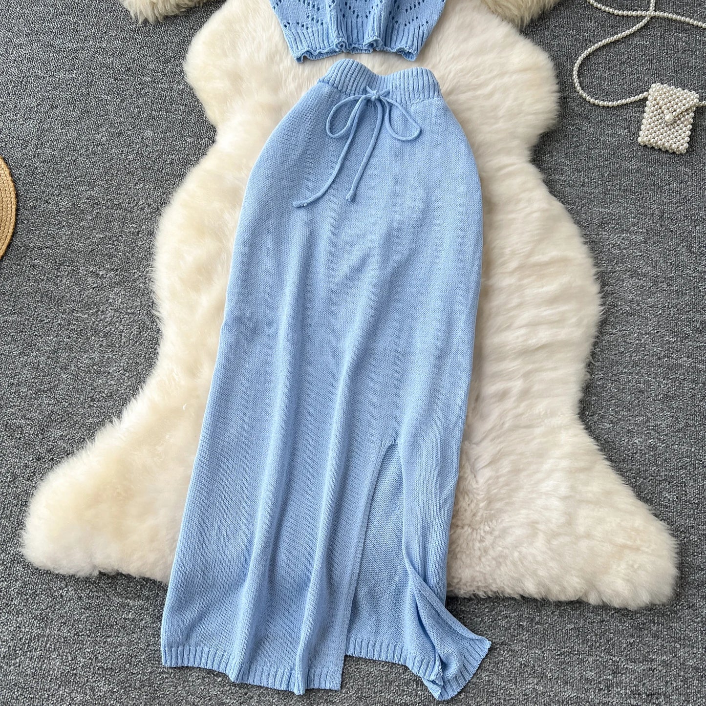 SINGREINY Verão Suave Malha 2 pcs Conjuntos Mulheres Halter Sem Mangas Camis + Bodycon Split Saia Com Cordão Oco Out Ternos De Férias