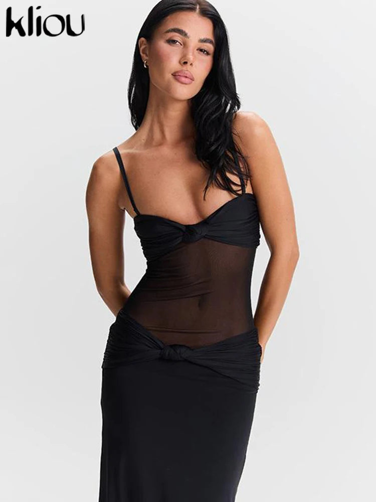 kliou Malha Suspendência Mulheres Maxi Vestido Sexy Ver Através Amarrado Patchwork Gola Baixa Sem Encosto Bodycon Feminino Moda Festa Vestidos