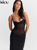 kliou Malha Suspendência Mulheres Maxi Vestido Sexy Ver Através Amarrado Patchwork Gola Baixa Sem Encosto Bodycon Feminino Moda Festa Vestidos