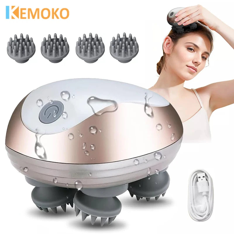 Massageador de Cabeça Elétrico de Silicone com Ventosa Magnética para Couro Cabeludo, Recarregável, Silicone para Ombro, Multifuncional, Amassamento e Vibração, Spa para Cabeça