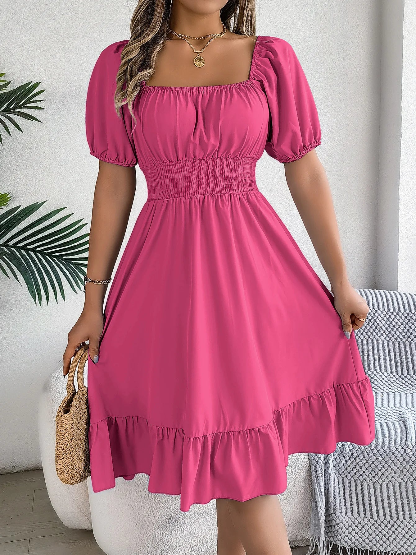 Mulheres Vestidos Pequenos 2024 Verão Casual Decote Quadrado Manga Curta Cintura Vestido de Borda com Babado Mulheres Elegante