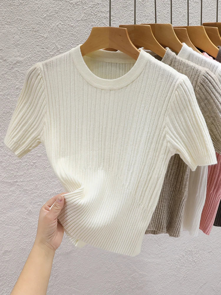 Camisetas de verão para mulheres Casual Feminino Coreano Malha Streetwear Tees Básico Sólido Jovem Cool Tops