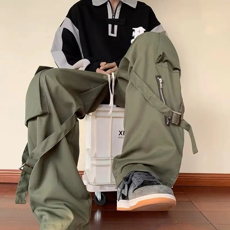 Calças Cargo Verdes Masculinas Oversize Zíper Preto Calças Cargo Masculinas Streetwear Hip Hop Pocket Spring Solto Casual Workwear