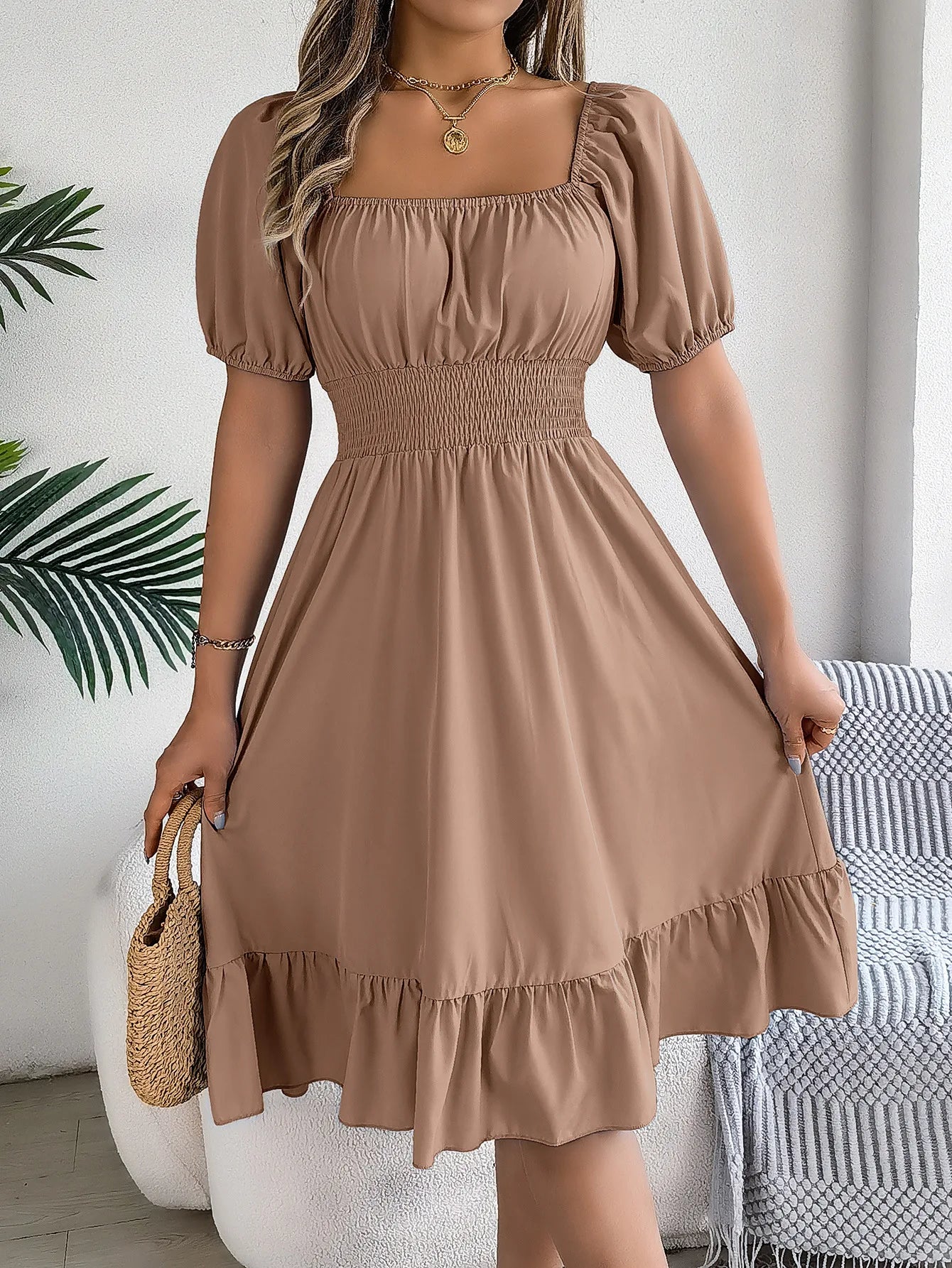 Mulheres Vestidos Pequenos 2024 Verão Casual Decote Quadrado Manga Curta Cintura Vestido de Borda com Babado Mulheres Elegante