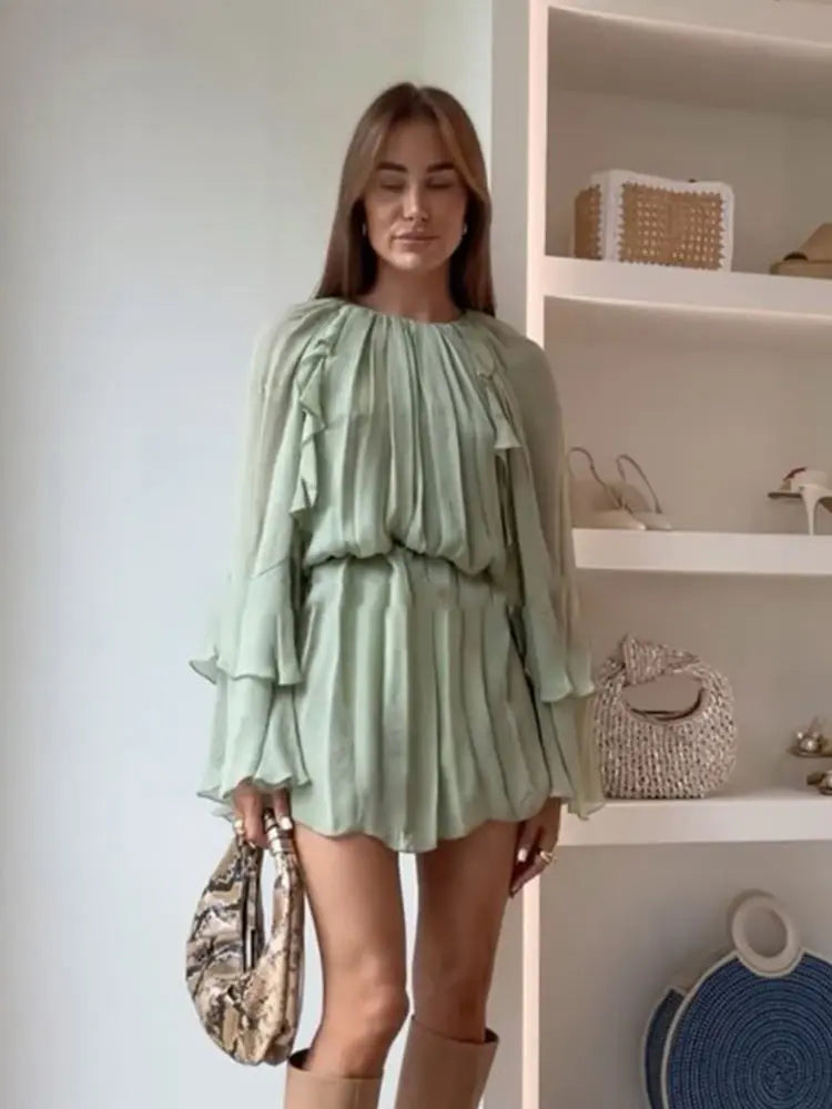 Mulheres elegantes verde irregular babados soltos mini vestido moda o pescoço manga cheia vestidos curtos primavera verão chique vestidos de senhora