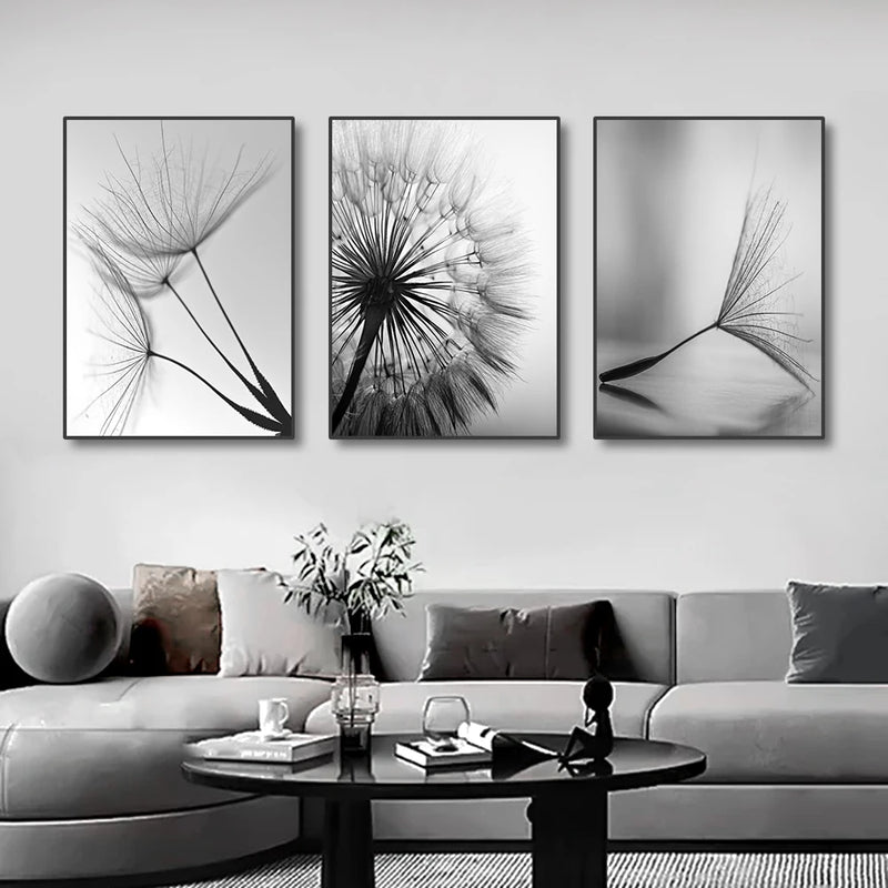 3 PCS Preto e Branco Arte Da Parede Pintura Em Tela Dente De Leão Flor Fotos Cartaz E Impressões Casa Obras De Arte Decorativas Para Cozinha