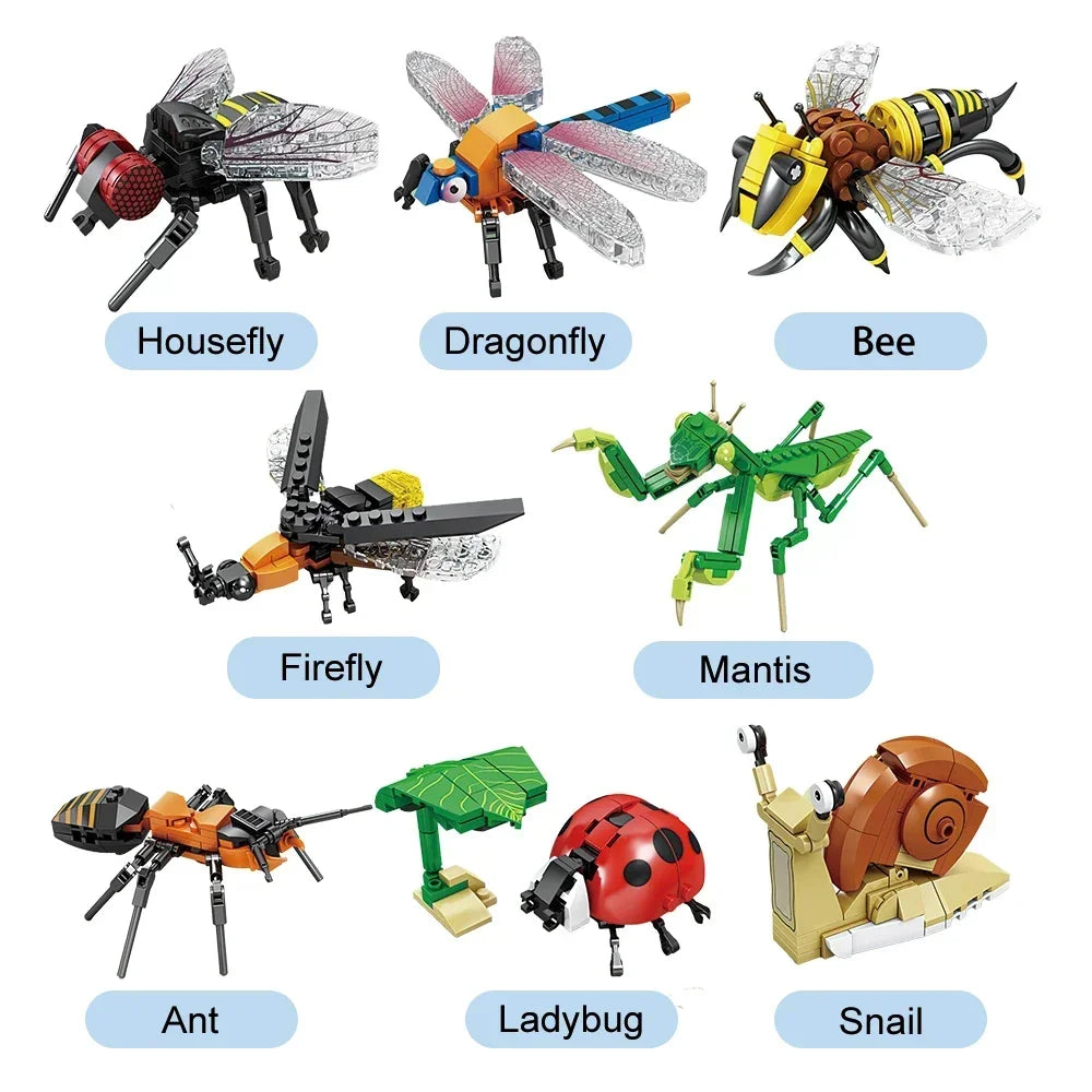 Conjunto de Brinquedos de Blocos de Construção de Insetos Joaninha - Brincadeira Duradoura para Crianças, Ótimos Modelos Colecionáveis Libélula Mantis Mosca Doméstica & Mais