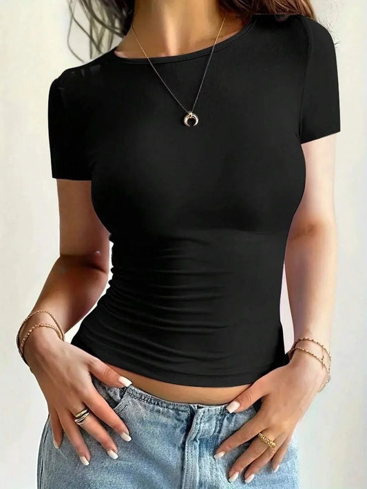 Camisetas Femininas Básicas Decote Redondo Manga Curta Tops Curtos Tops Fofos de Verão Camisetas Slim Fit Y2k Roupas 2024