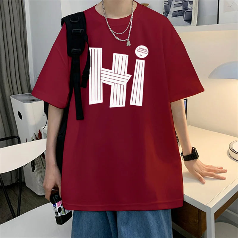 Camisetas masculinas Algodão 4XL Tamanho Grande Preto Masculino Verão Camiseta Oversized Letra Oi Impressão Casual Camisetas Roupas Masculinas