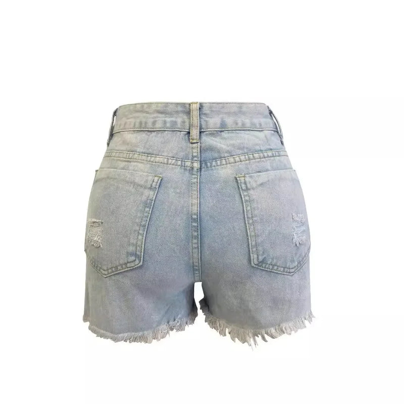 Denim Rasgado Shorts Mulheres Buraco Jeans Duplo Lado Dividido Zíper Sexy Slim Fit Angustiado Calças Curtas Cintura Alta Streetwear 2025