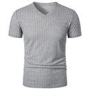 Homens Corrida Esportes Fitness Verão Novo Alto Elástico Listra Vertical Manga Curta Decote em V Slim Fit Malha Inferior Camisa Top