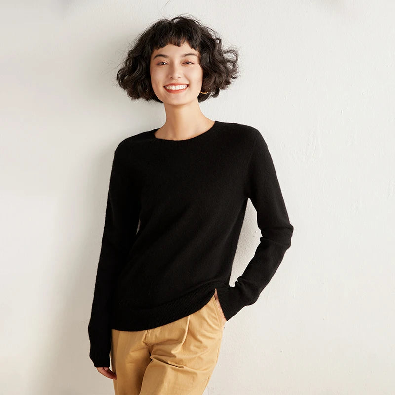 Pulôver feminino outono/inverno 100% puro suéter de caxemira casual suéter de malha gola redonda solto Tops básico versátil Blusa