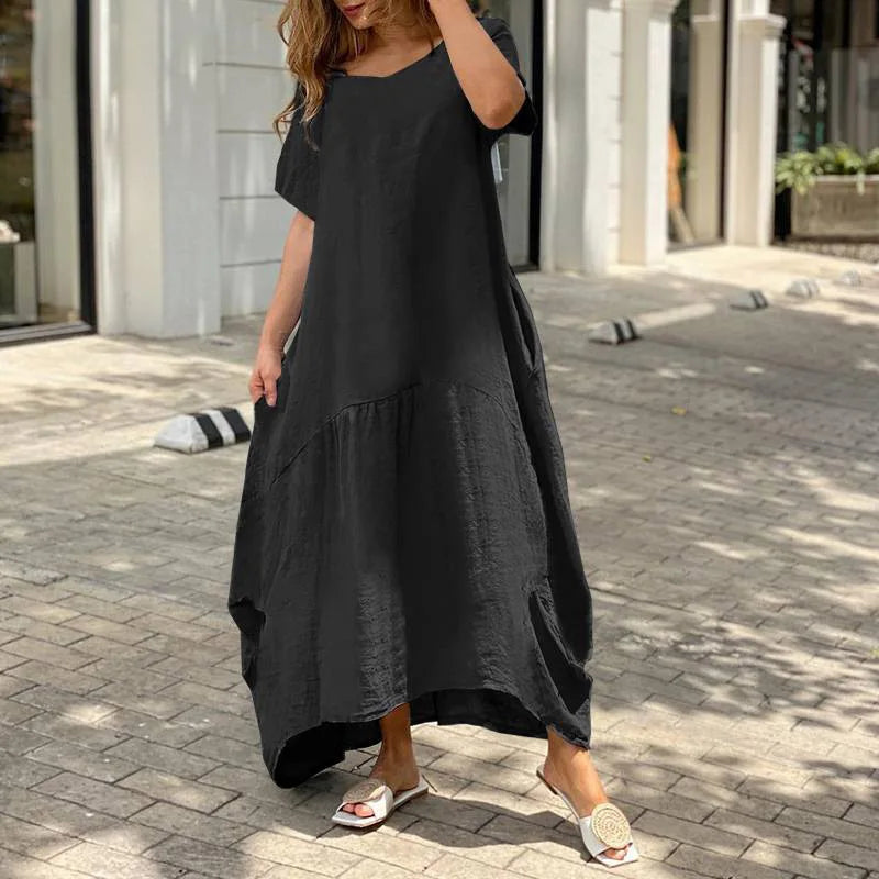 Mulheres Decote Em V Manga Curta Solta Vestido De Linho De Algodão Moda Verão Feminino Oversized S-5XL Longo Maxi Vestido JYFS-3029