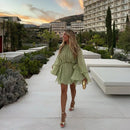 Mulheres elegantes verde irregular babados soltos mini vestido moda o pescoço manga cheia vestidos curtos primavera verão chique vestidos de senhora