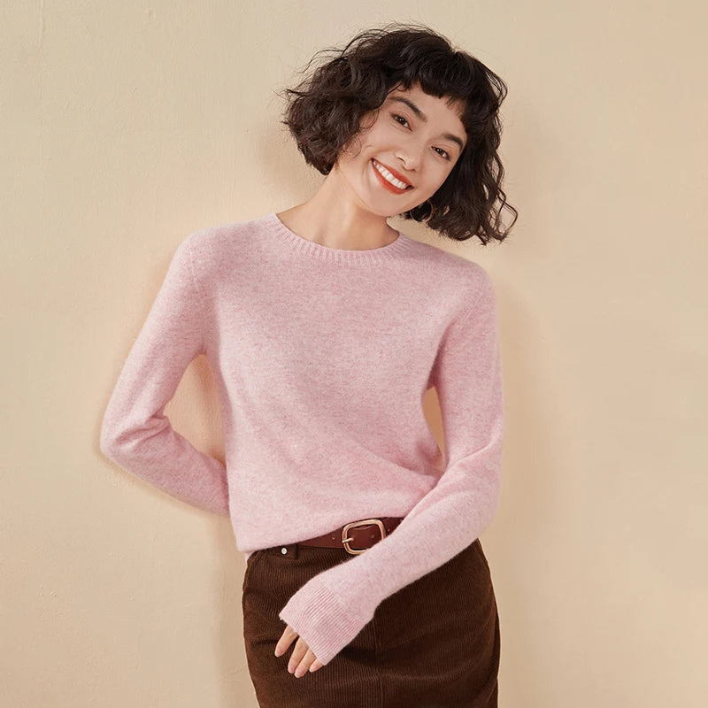 Pulôver feminino outono/inverno 100% puro suéter de caxemira casual suéter de malha gola redonda solto Tops básico versátil Blusa