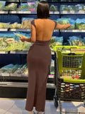Coreano Sólido Sexy Backless Maxi Vestido Mulheres Elegante Elástico Slim Manga Curta Vestidos Longos Feminino Bodycon Streetwear Roupas