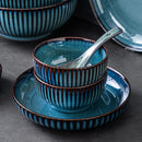 Pratos de cerâmica vitrificada em forno azul, pratos de jantar para micro-ondas, tigelas de salada de arroz redondas, talheres domésticos